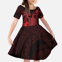 Hawaii King Kamehameha Day Family Matching Short Sleeve Bodycon Dress and Hawaiian Shirt Polynesian Pattern Mix Hibiscus Red LT05 Daughter's Dress Red - Polynesian Pride