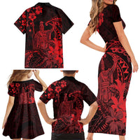 Hawaii King Kamehameha Day Family Matching Short Sleeve Bodycon Dress and Hawaiian Shirt Polynesian Pattern Mix Hibiscus Red LT05 - Polynesian Pride