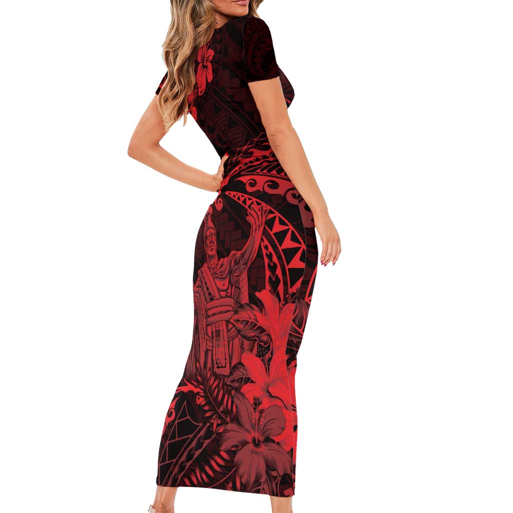 Hawaii King Kamehameha Day Family Matching Short Sleeve Bodycon Dress and Hawaiian Shirt Polynesian Pattern Mix Hibiscus Red LT05 - Polynesian Pride