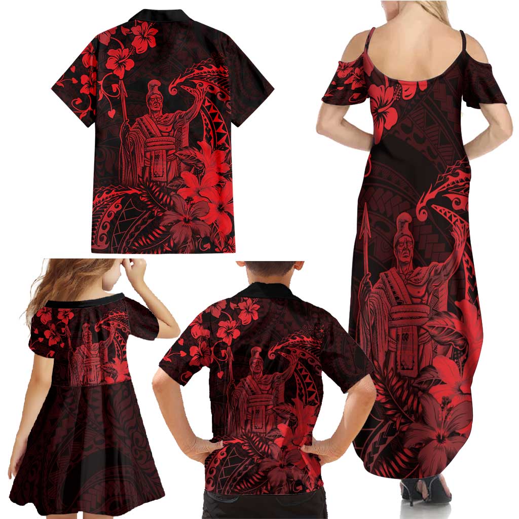Hawaii King Kamehameha Day Family Matching Summer Maxi Dress and Hawaiian Shirt Polynesian Pattern Mix Hibiscus Red LT05 - Polynesian Pride