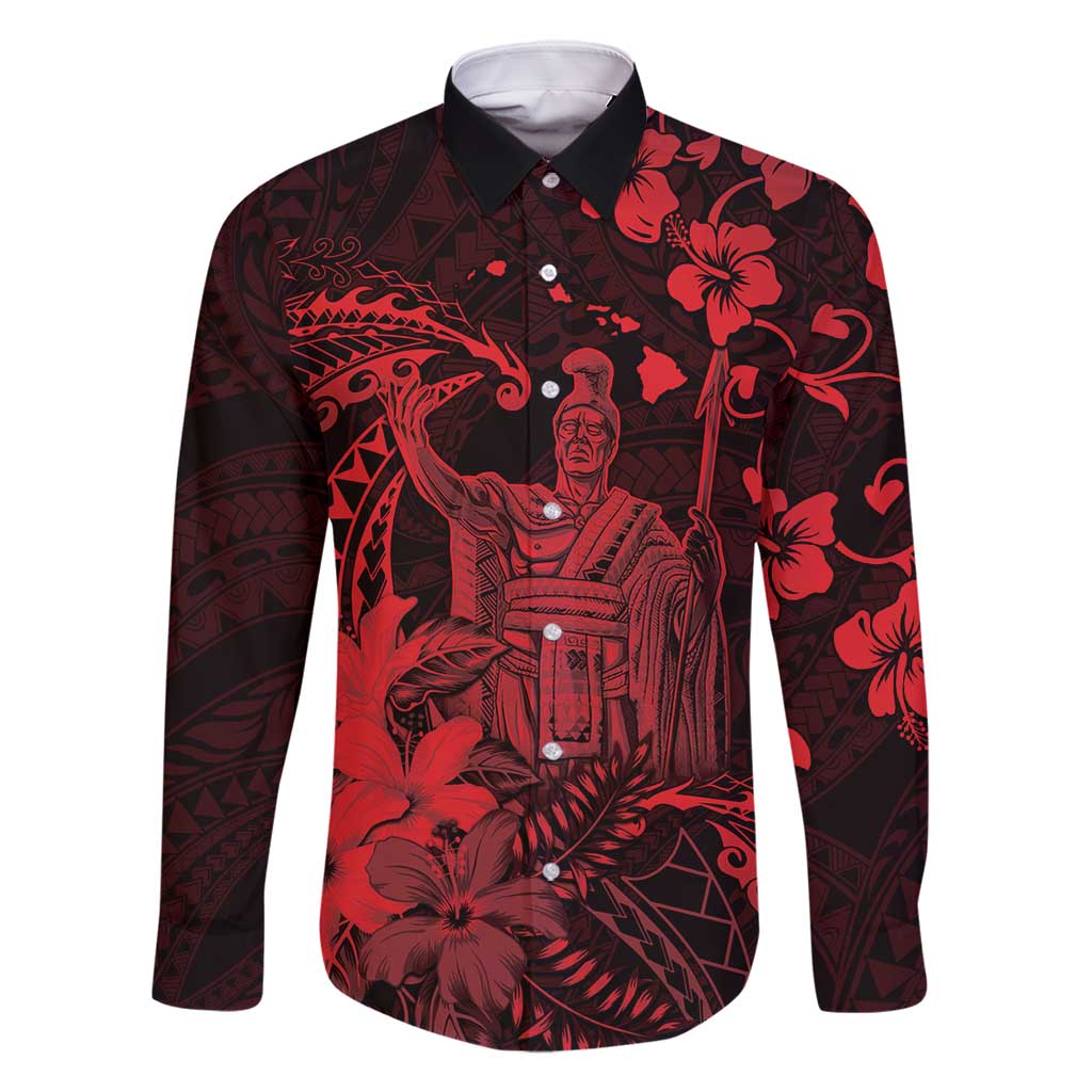 Hawaii King Kamehameha Day Family Matching Summer Maxi Dress and Hawaiian Shirt Polynesian Pattern Mix Hibiscus Red LT05 Dad's Shirt - Long Sleeve Red - Polynesian Pride