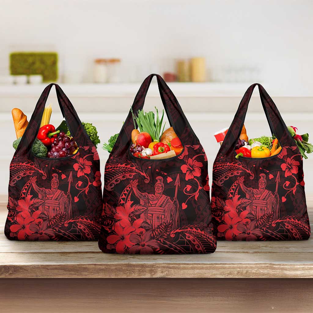 Hawaii King Kamehameha Day Grocery Bag Polynesian Pattern Mix Hibiscus Red