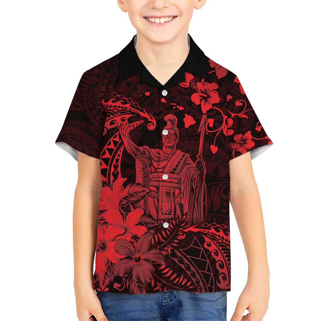 Hawaii King Kamehameha Day Hawaiian Shirt Polynesian Pattern Mix Hibiscus Red