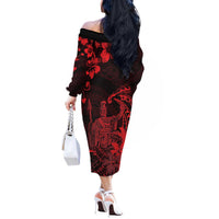 Hawaii King Kamehameha Day Off The Shoulder Long Sleeve Dress Polynesian Pattern Mix Hibiscus Red LT05 - Polynesian Pride