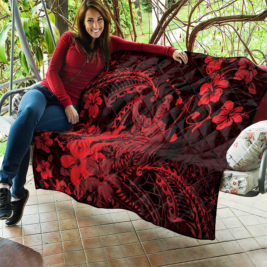 Hawaii King Kamehameha Day Quilt Polynesian Pattern Mix Hibiscus Red