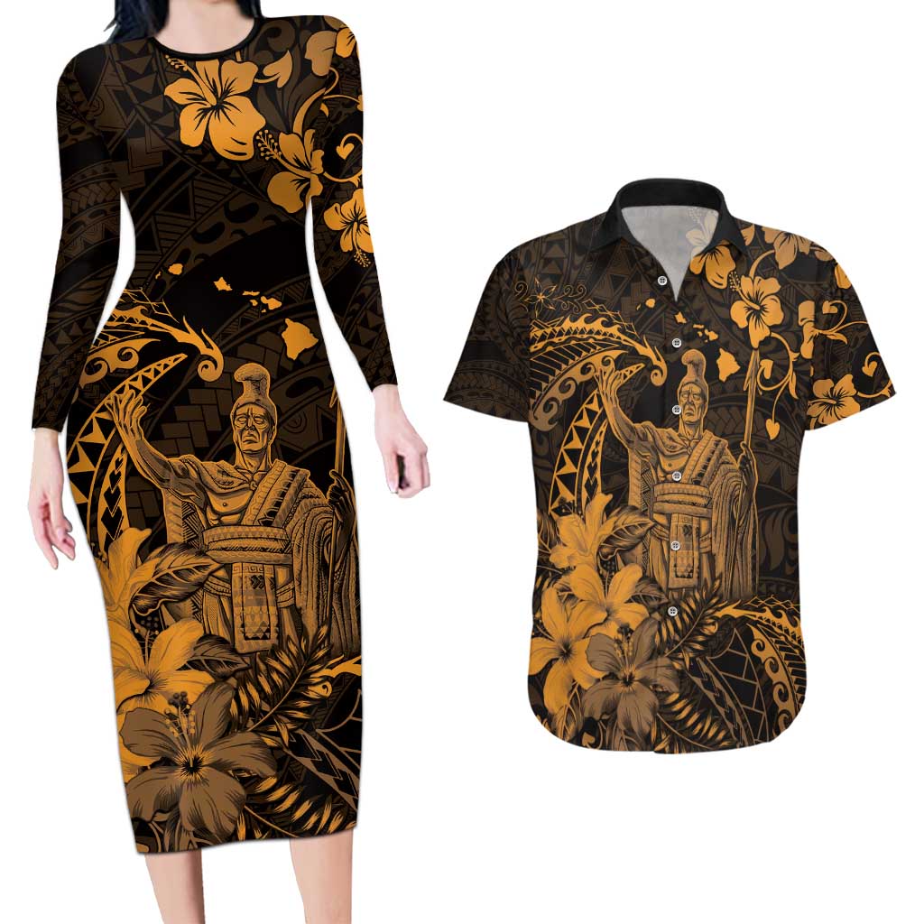 Hawaii King Kamehameha Day Couples Matching Long Sleeve Bodycon Dress and Hawaiian Shirt Polynesian Pattern Mix Hibiscus Gold LT05 Gold - Polynesian Pride