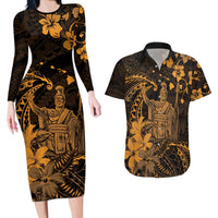 Hawaii King Kamehameha Day Couples Matching Long Sleeve Bodycon Dress and Hawaiian Shirt Polynesian Pattern Mix Hibiscus Gold LT05 Gold - Polynesian Pride
