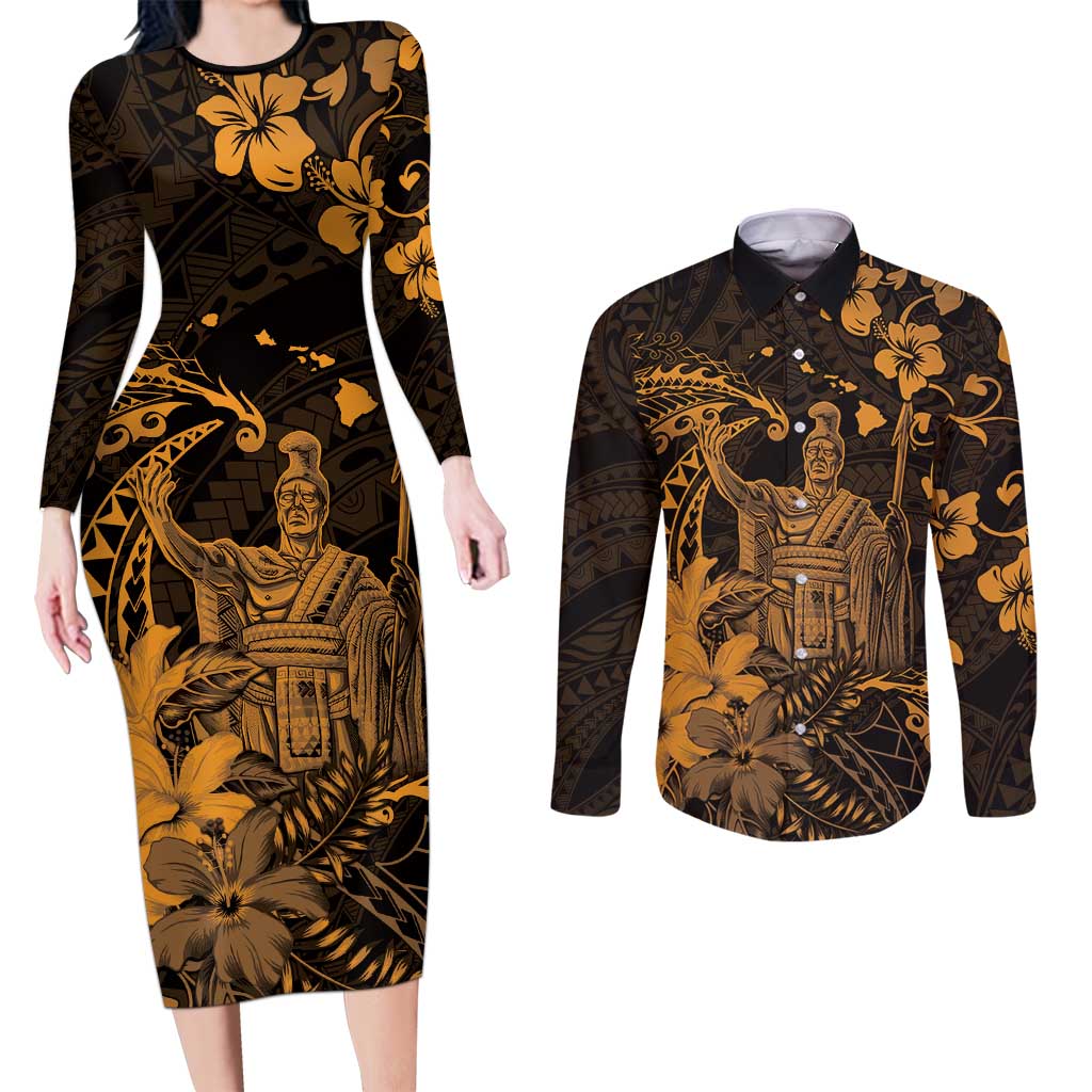 Hawaii King Kamehameha Day Couples Matching Long Sleeve Bodycon Dress and Long Sleeve Button Shirt Polynesian Pattern Mix Hibiscus Gold LT05 Gold - Polynesian Pride