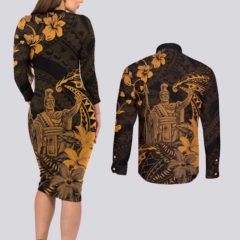 Hawaii King Kamehameha Day Couples Matching Long Sleeve Bodycon Dress and Long Sleeve Button Shirt Polynesian Pattern Mix Hibiscus Gold LT05 - Polynesian Pride
