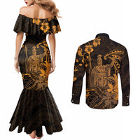 Hawaii King Kamehameha Day Couples Matching Mermaid Dress and Long Sleeve Button Shirt Polynesian Pattern Mix Hibiscus Gold LT05 - Polynesian Pride