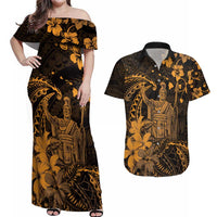 Hawaii King Kamehameha Day Couples Matching Off Shoulder Maxi Dress and Hawaiian Shirt Polynesian Pattern Mix Hibiscus Gold LT05 Gold - Polynesian Pride