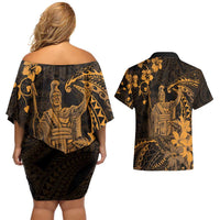 Hawaii King Kamehameha Day Couples Matching Off Shoulder Short Dress and Hawaiian Shirt Polynesian Pattern Mix Hibiscus Gold LT05 - Polynesian Pride