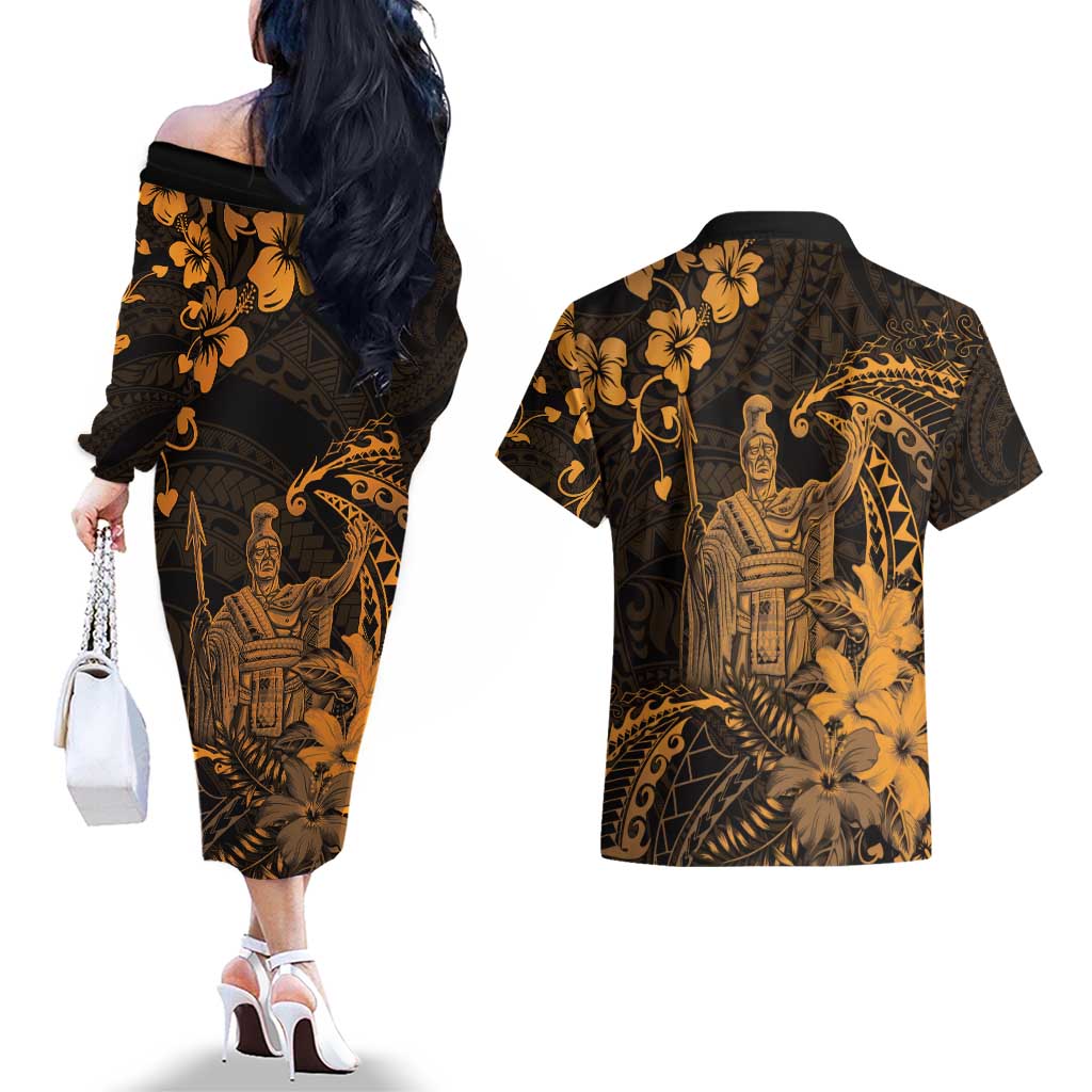 Hawaii King Kamehameha Day Couples Matching Off The Shoulder Long Sleeve Dress and Hawaiian Shirt Polynesian Pattern Mix Hibiscus Gold LT05 - Polynesian Pride