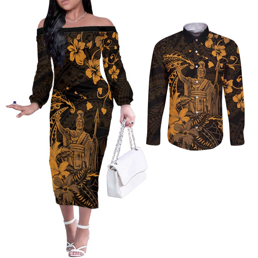 Hawaii King Kamehameha Day Couples Matching Off The Shoulder Long Sleeve Dress and Long Sleeve Button Shirt Polynesian Pattern Mix Hibiscus Gold LT05 Gold - Polynesian Pride
