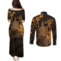 Hawaii King Kamehameha Day Couples Matching Puletasi and Long Sleeve Button Shirt Polynesian Pattern Mix Hibiscus Gold LT05 - Polynesian Pride