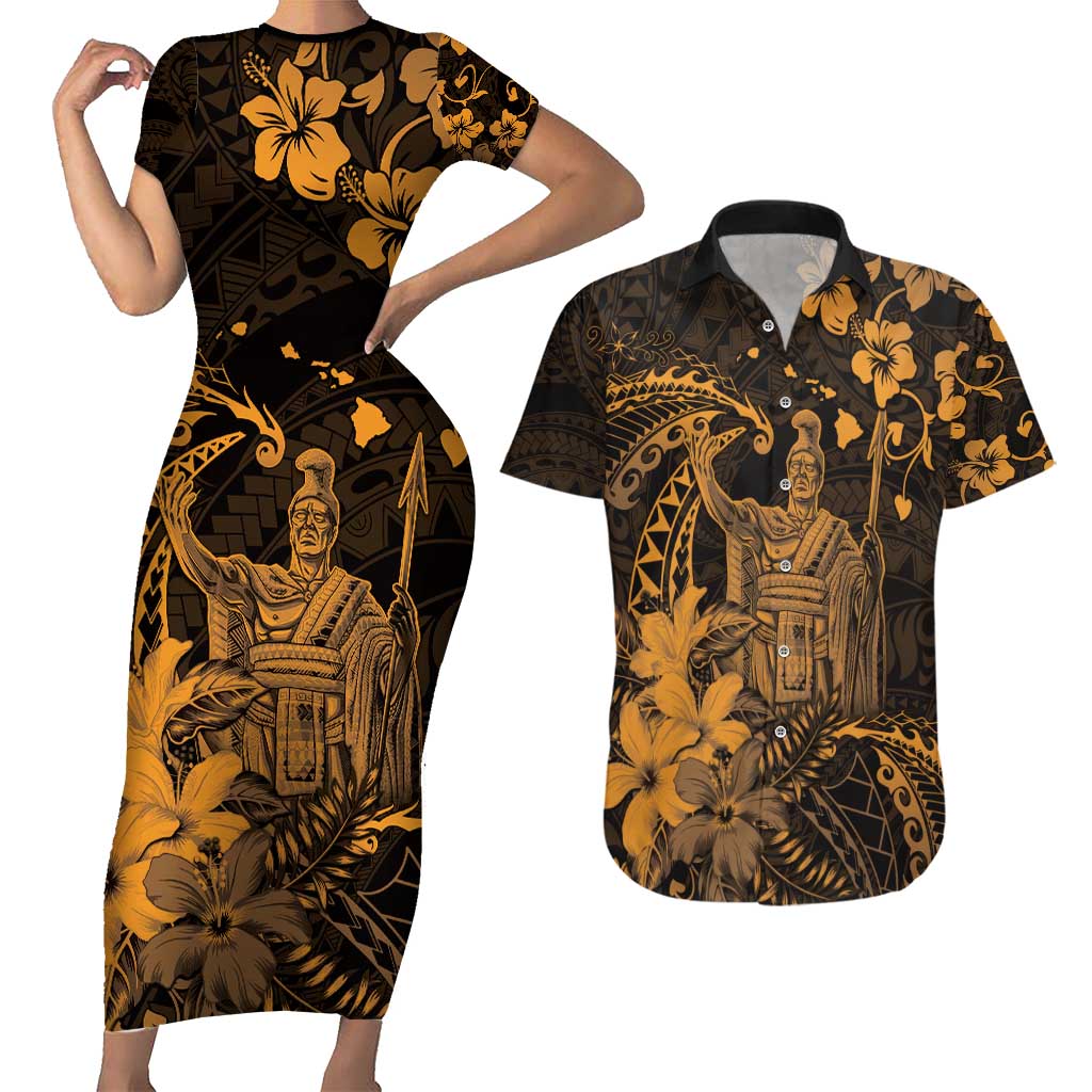 Hawaii King Kamehameha Day Couples Matching Short Sleeve Bodycon Dress and Hawaiian Shirt Polynesian Pattern Mix Hibiscus Gold LT05 Gold - Polynesian Pride