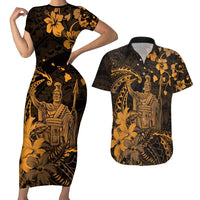 Hawaii King Kamehameha Day Couples Matching Short Sleeve Bodycon Dress and Hawaiian Shirt Polynesian Pattern Mix Hibiscus Gold LT05 Gold - Polynesian Pride