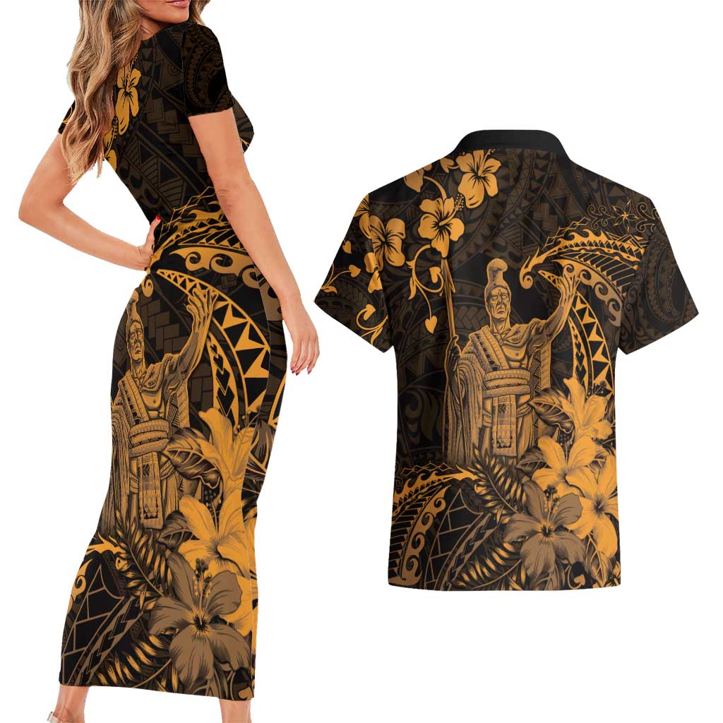 Hawaii King Kamehameha Day Couples Matching Short Sleeve Bodycon Dress and Hawaiian Shirt Polynesian Pattern Mix Hibiscus Gold LT05 - Polynesian Pride