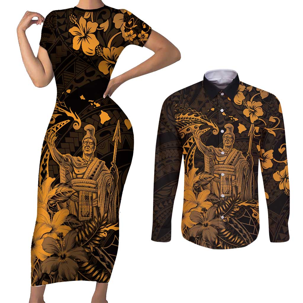 Hawaii King Kamehameha Day Couples Matching Short Sleeve Bodycon Dress and Long Sleeve Button Shirt Polynesian Pattern Mix Hibiscus Gold LT05 Gold - Polynesian Pride