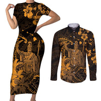 Hawaii King Kamehameha Day Couples Matching Short Sleeve Bodycon Dress and Long Sleeve Button Shirt Polynesian Pattern Mix Hibiscus Gold LT05 Gold - Polynesian Pride