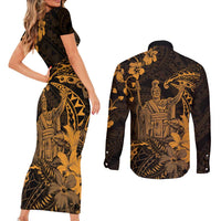 Hawaii King Kamehameha Day Couples Matching Short Sleeve Bodycon Dress and Long Sleeve Button Shirt Polynesian Pattern Mix Hibiscus Gold LT05 - Polynesian Pride