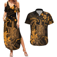 Hawaii King Kamehameha Day Couples Matching Summer Maxi Dress and Hawaiian Shirt Polynesian Pattern Mix Hibiscus Gold LT05 Gold - Polynesian Pride