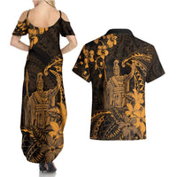Hawaii King Kamehameha Day Couples Matching Summer Maxi Dress and Hawaiian Shirt Polynesian Pattern Mix Hibiscus Gold LT05 - Polynesian Pride