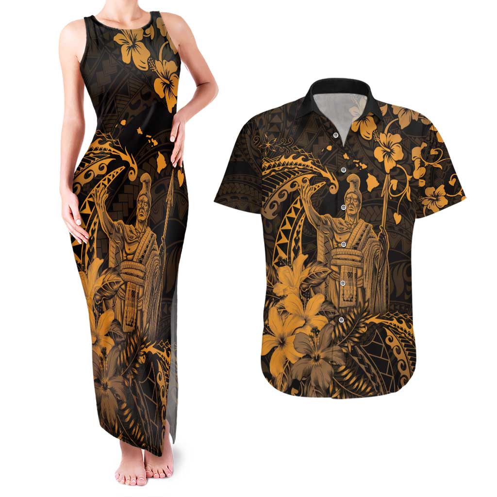 Hawaii King Kamehameha Day Couples Matching Tank Maxi Dress and Hawaiian Shirt Polynesian Pattern Mix Hibiscus Gold LT05 Gold - Polynesian Pride