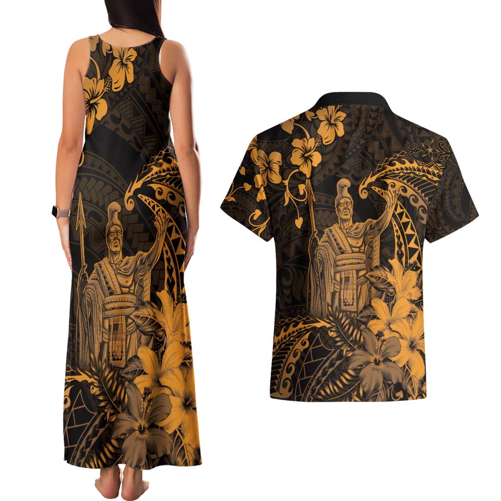 Hawaii King Kamehameha Day Couples Matching Tank Maxi Dress and Hawaiian Shirt Polynesian Pattern Mix Hibiscus Gold LT05 - Polynesian Pride