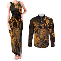 Hawaii King Kamehameha Day Couples Matching Tank Maxi Dress and Long Sleeve Button Shirt Polynesian Pattern Mix Hibiscus Gold LT05 Gold - Polynesian Pride