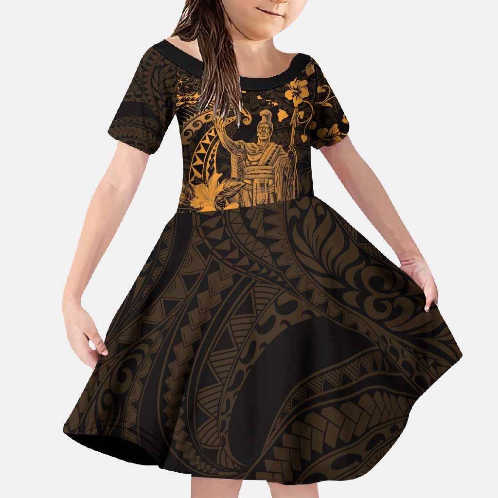Hawaii King Kamehameha Day Family Matching Long Sleeve Bodycon Dress and Hawaiian Shirt Polynesian Pattern Mix Hibiscus Gold LT05 Daughter's Dress Gold - Polynesian Pride