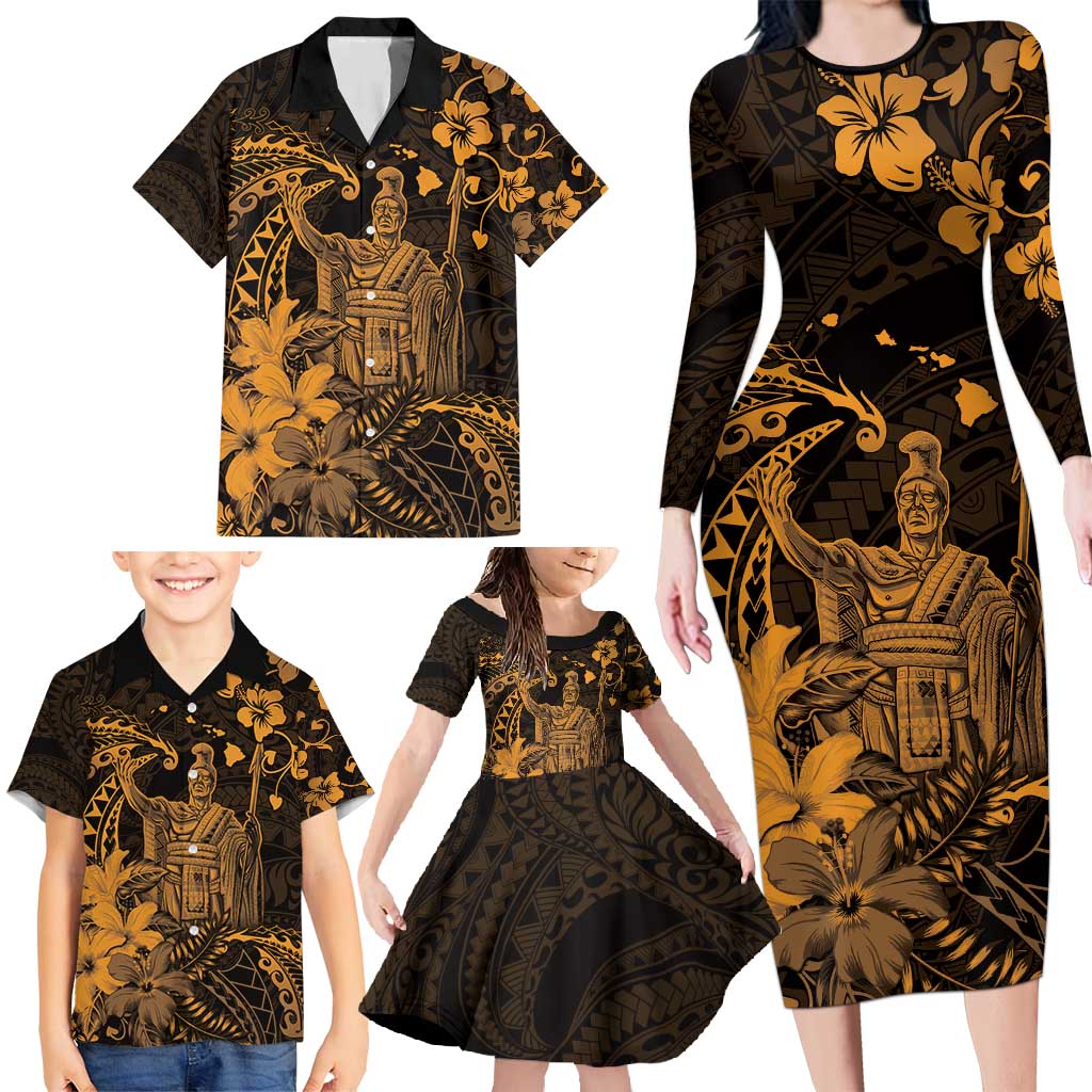 Hawaii King Kamehameha Day Family Matching Long Sleeve Bodycon Dress and Hawaiian Shirt Polynesian Pattern Mix Hibiscus Gold LT05 - Polynesian Pride