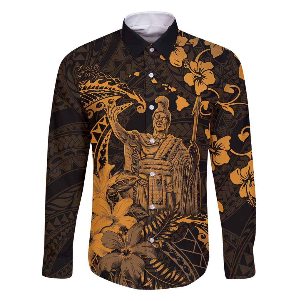 Hawaii King Kamehameha Day Family Matching Long Sleeve Bodycon Dress and Hawaiian Shirt Polynesian Pattern Mix Hibiscus Gold LT05 Dad's Shirt - Long Sleeve Gold - Polynesian Pride