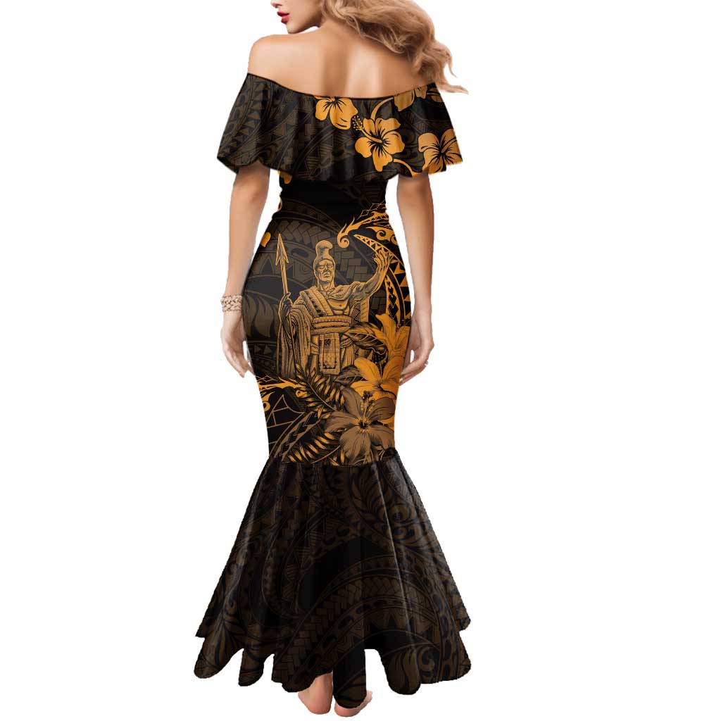 Hawaii King Kamehameha Day Family Matching Mermaid Dress and Hawaiian Shirt Polynesian Pattern Mix Hibiscus Gold LT05 - Polynesian Pride