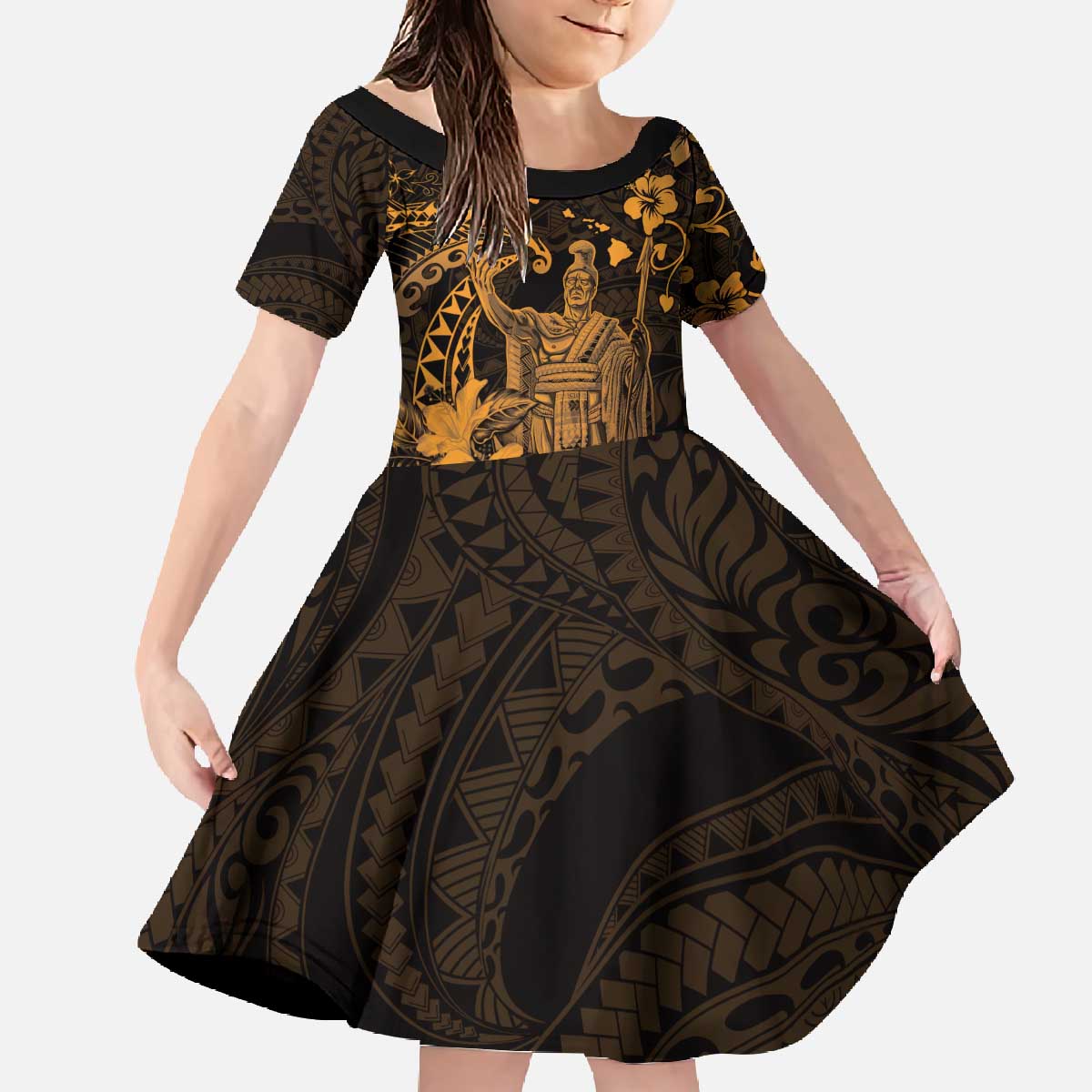 Hawaii King Kamehameha Day Family Matching Off The Shoulder Long Sleeve Dress and Hawaiian Shirt Polynesian Pattern Mix Hibiscus Gold LT05 Daughter's Dress Gold - Polynesian Pride