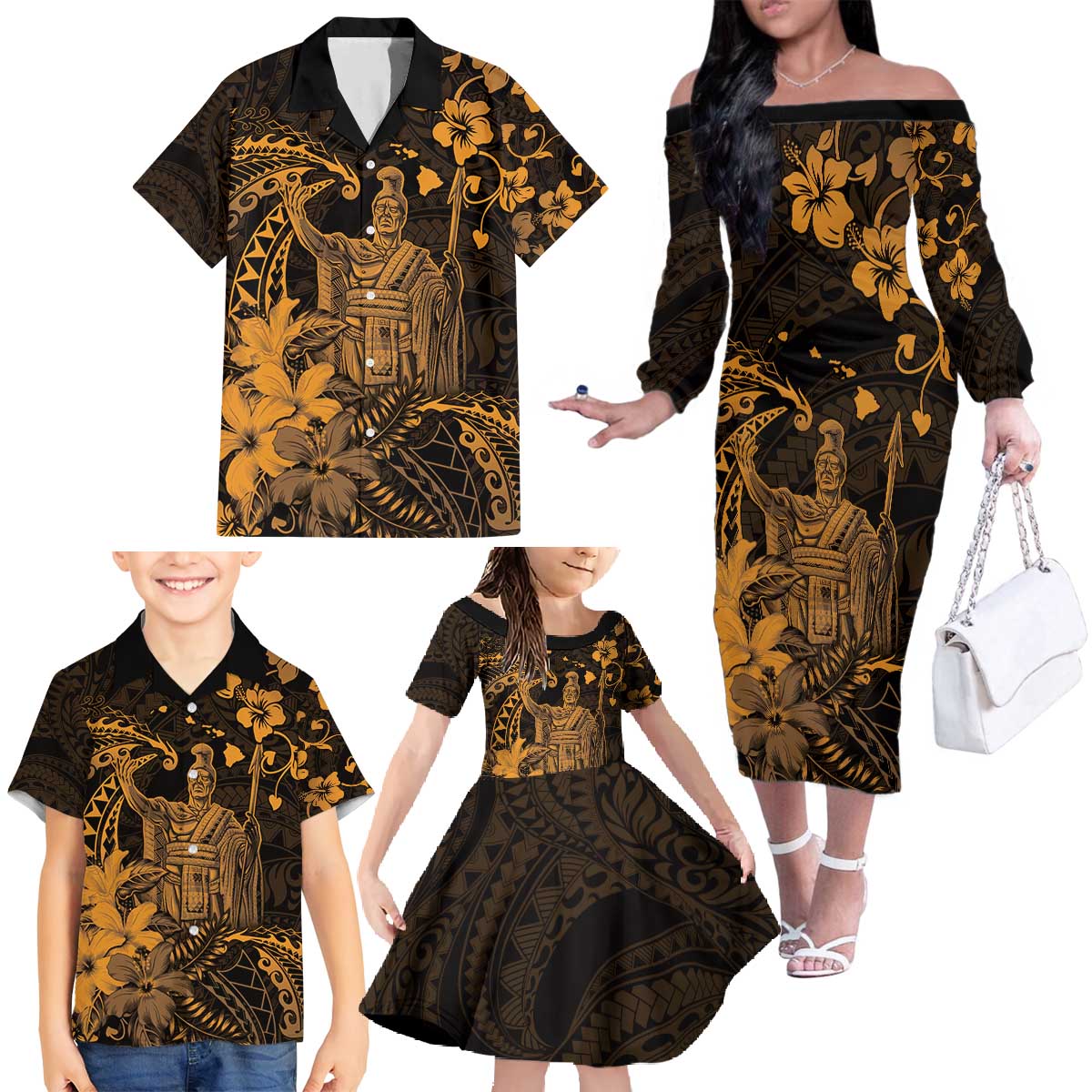 Hawaii King Kamehameha Day Family Matching Off The Shoulder Long Sleeve Dress and Hawaiian Shirt Polynesian Pattern Mix Hibiscus Gold LT05 - Polynesian Pride