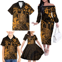 Hawaii King Kamehameha Day Family Matching Off The Shoulder Long Sleeve Dress and Hawaiian Shirt Polynesian Pattern Mix Hibiscus Gold LT05 - Polynesian Pride