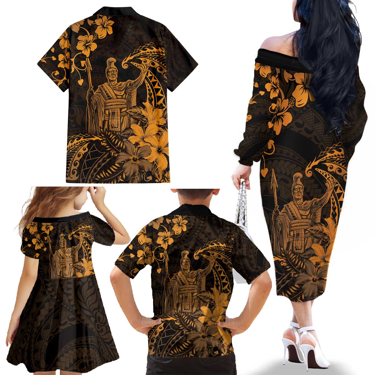 Hawaii King Kamehameha Day Family Matching Off The Shoulder Long Sleeve Dress and Hawaiian Shirt Polynesian Pattern Mix Hibiscus Gold LT05 - Polynesian Pride