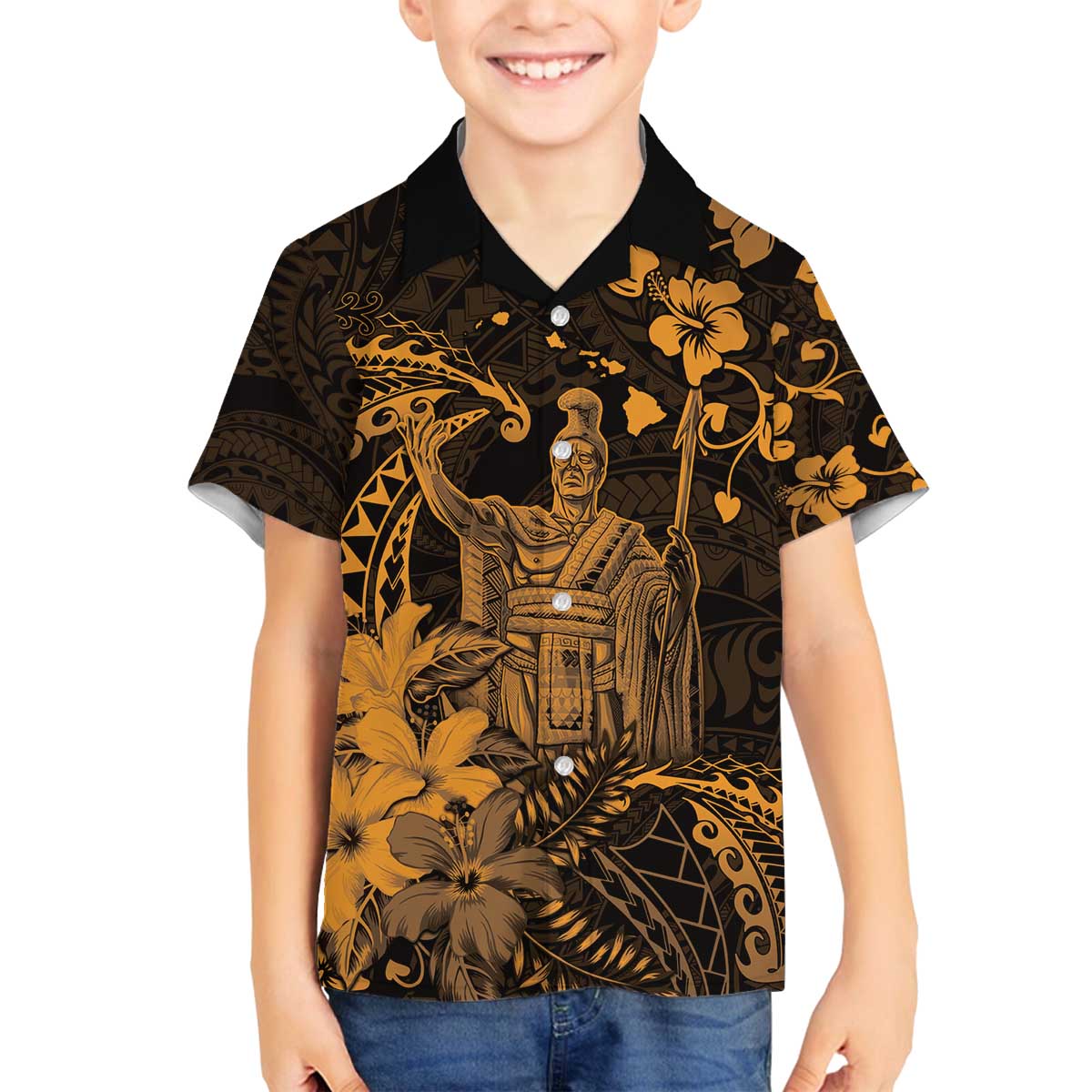 Hawaii King Kamehameha Day Family Matching Off The Shoulder Long Sleeve Dress and Hawaiian Shirt Polynesian Pattern Mix Hibiscus Gold LT05 Son's Shirt Gold - Polynesian Pride