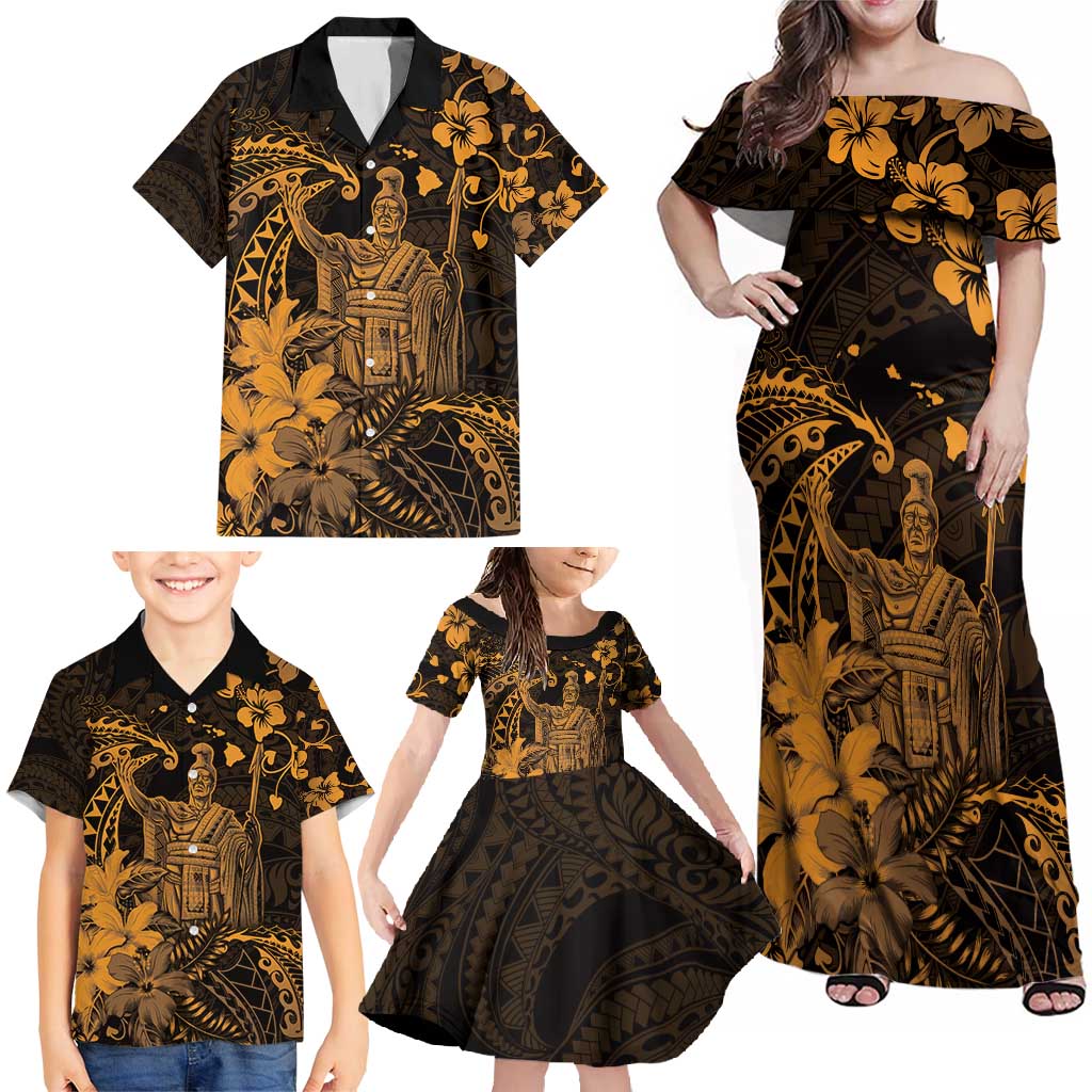 Hawaii King Kamehameha Day Family Matching Off Shoulder Maxi Dress and Hawaiian Shirt Polynesian Pattern Mix Hibiscus Gold LT05 - Polynesian Pride