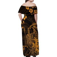 Hawaii King Kamehameha Day Family Matching Off Shoulder Maxi Dress and Hawaiian Shirt Polynesian Pattern Mix Hibiscus Gold LT05 - Polynesian Pride