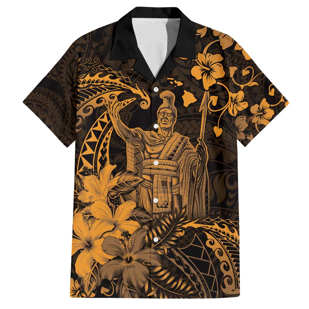 Hawaii King Kamehameha Day Family Matching Off Shoulder Short Dress and Hawaiian Shirt Polynesian Pattern Mix Hibiscus Gold LT05 Dad's Shirt - Short Sleeve Gold - Polynesian Pride