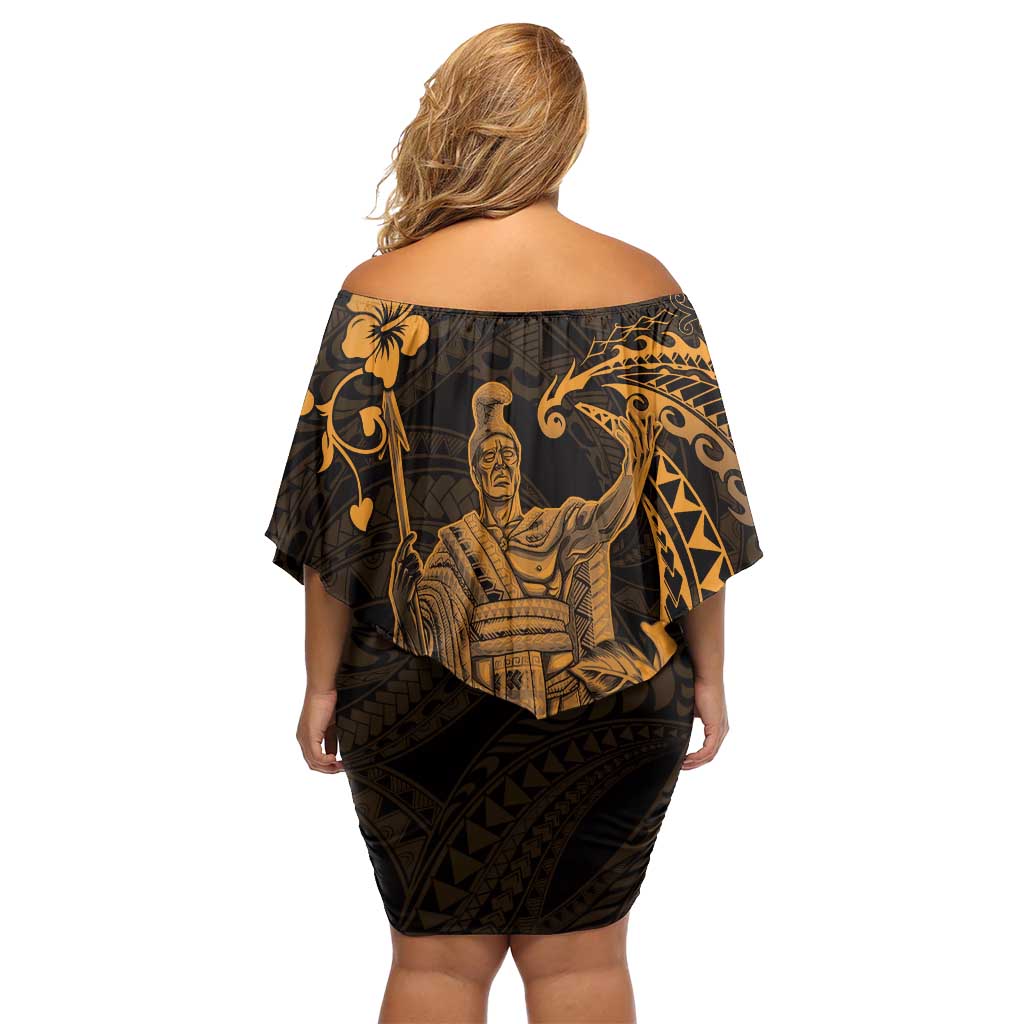 Hawaii King Kamehameha Day Family Matching Off Shoulder Short Dress and Hawaiian Shirt Polynesian Pattern Mix Hibiscus Gold LT05 - Polynesian Pride