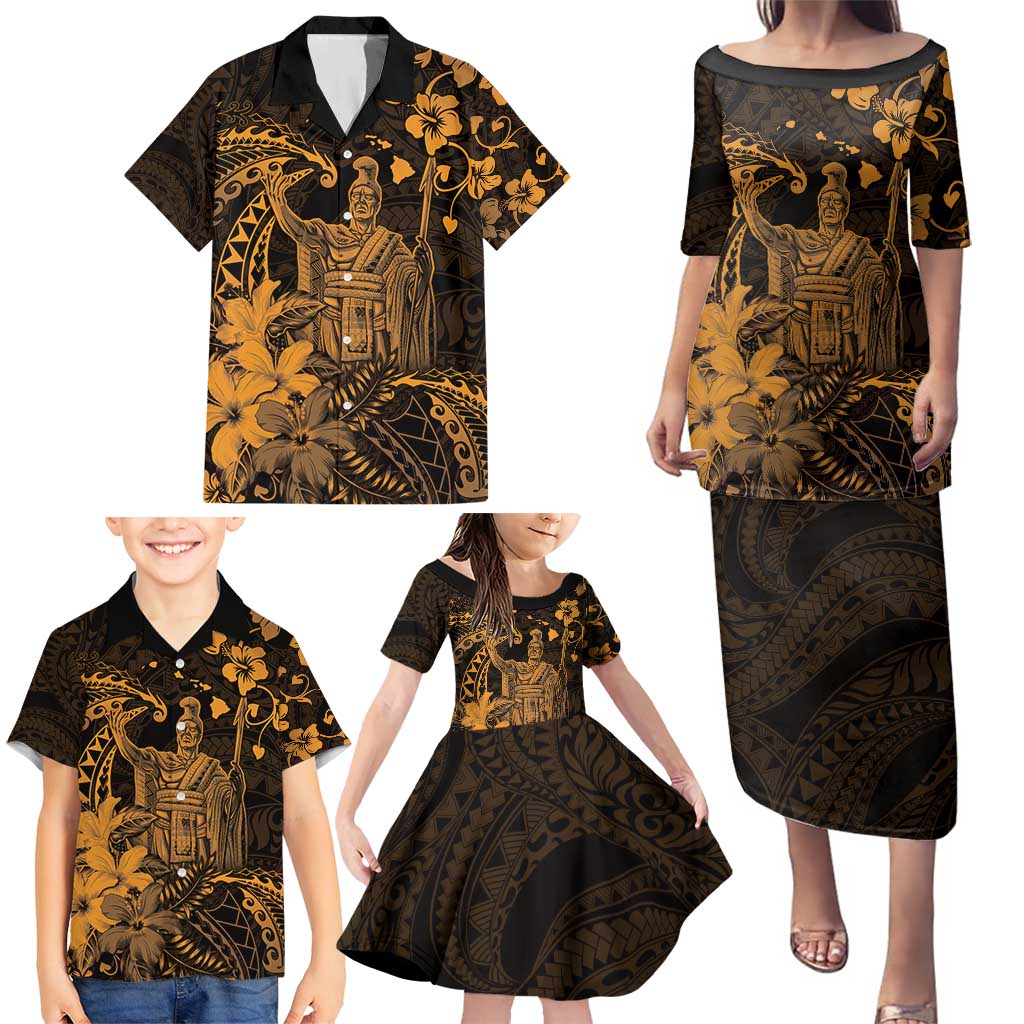 Hawaii King Kamehameha Day Family Matching Puletasi and Hawaiian Shirt Polynesian Pattern Mix Hibiscus Gold LT05 - Polynesian Pride