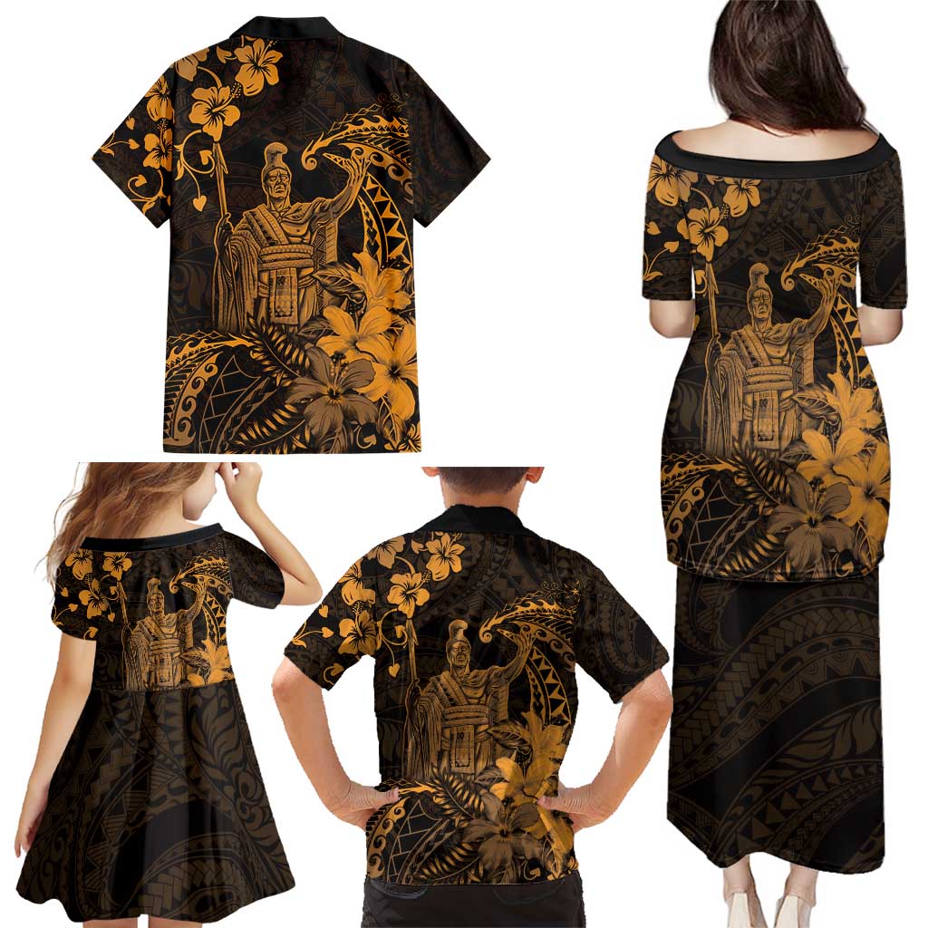 Hawaii King Kamehameha Day Family Matching Puletasi and Hawaiian Shirt Polynesian Pattern Mix Hibiscus Gold LT05 - Polynesian Pride
