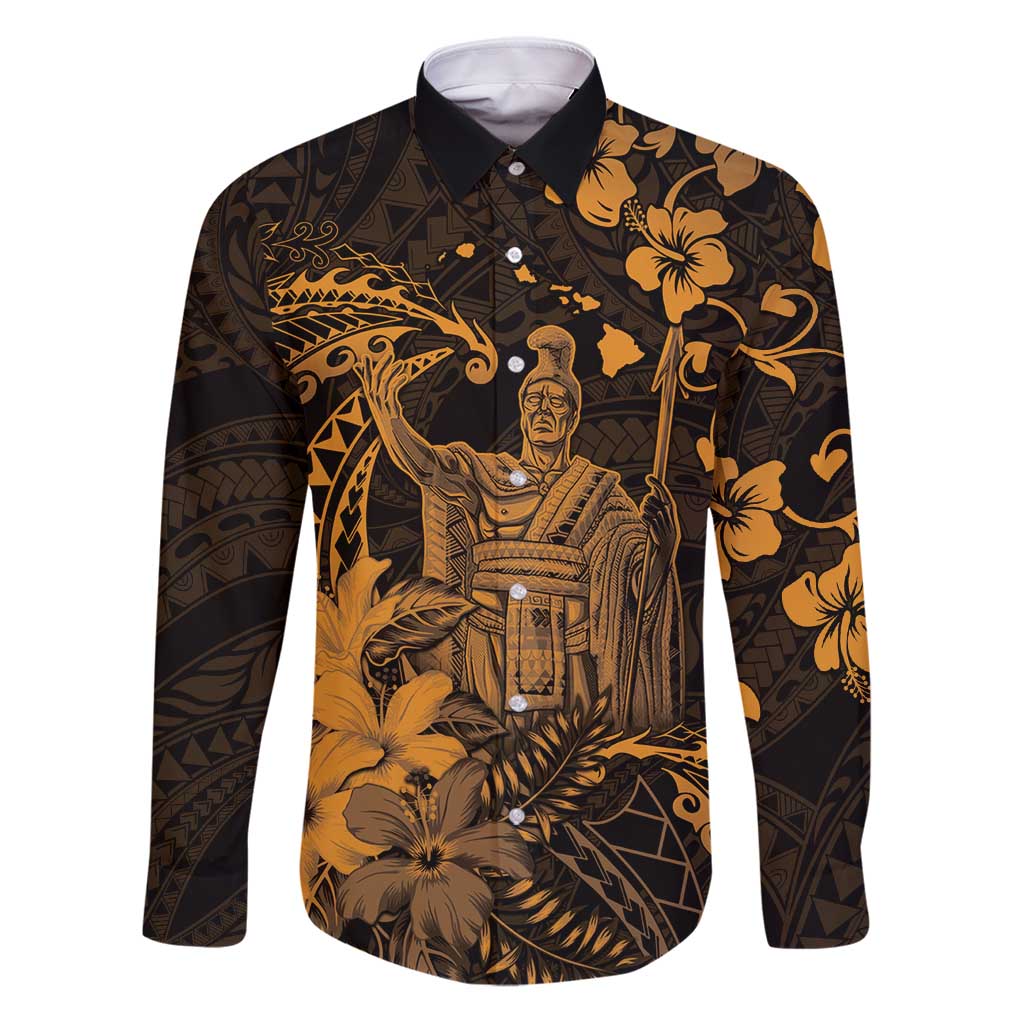 Hawaii King Kamehameha Day Family Matching Puletasi and Hawaiian Shirt Polynesian Pattern Mix Hibiscus Gold LT05 Dad's Shirt - Long Sleeve Gold - Polynesian Pride