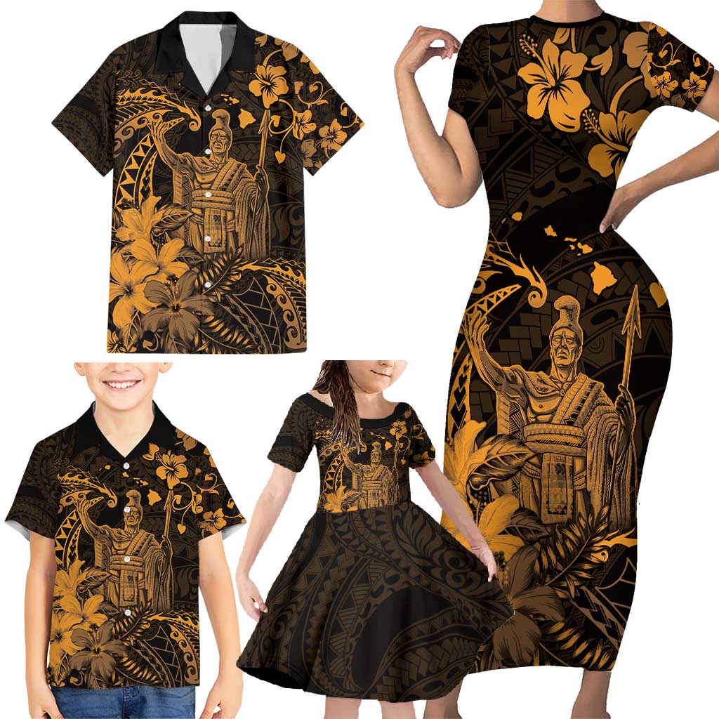 Hawaii King Kamehameha Day Family Matching Short Sleeve Bodycon Dress and Hawaiian Shirt Polynesian Pattern Mix Hibiscus Gold LT05 - Polynesian Pride