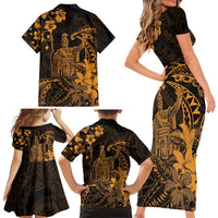 Hawaii King Kamehameha Day Family Matching Short Sleeve Bodycon Dress and Hawaiian Shirt Polynesian Pattern Mix Hibiscus Gold LT05 - Polynesian Pride