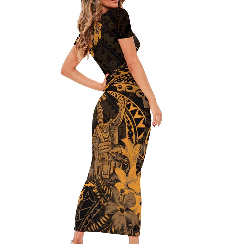 Hawaii King Kamehameha Day Family Matching Short Sleeve Bodycon Dress and Hawaiian Shirt Polynesian Pattern Mix Hibiscus Gold LT05 - Polynesian Pride