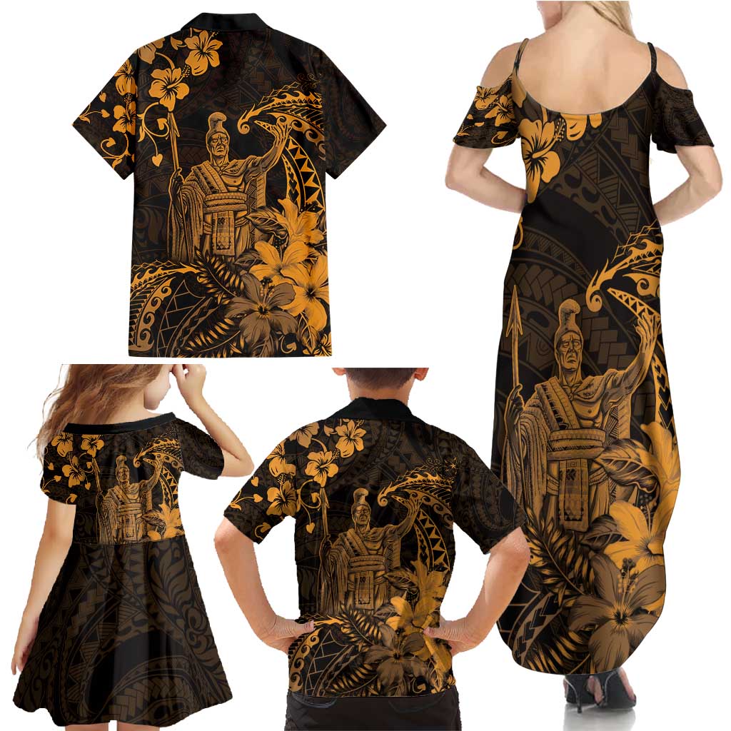 Hawaii King Kamehameha Day Family Matching Summer Maxi Dress and Hawaiian Shirt Polynesian Pattern Mix Hibiscus Gold LT05 - Polynesian Pride